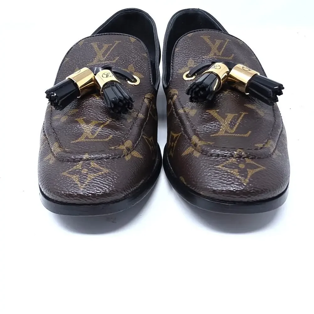 Louis Vuitton Monogram Tassel Loafers Society Canvas LV Logo Slip Flats 37.5 7.5